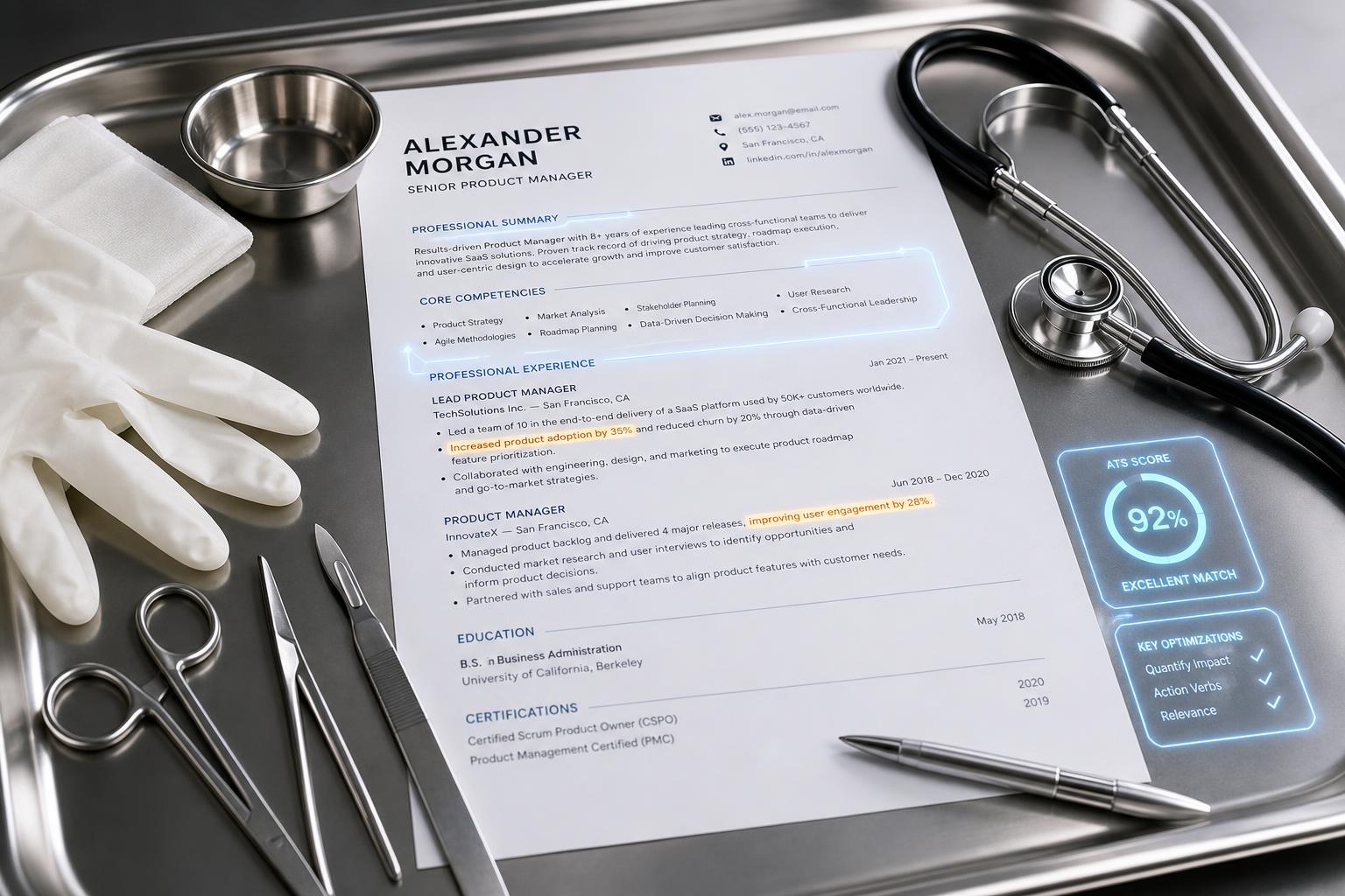 A résumé under clean clinical review with surgical instruments, no blood, no gore, precise care
